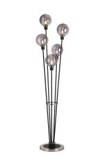 Jestero Floor Lamp, 5 Light E14, With 15cm Round Double Textured Smooth / Ribbed Glass Shade Satin Nickel, Smoke Plated, Satin Black