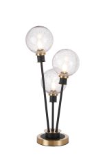 Jestero Table Lamp Touch Switch, 3 Light E14, With 15cm Round Crackled Glass Shade Brass, Clear, Satin Black