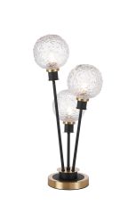 Jestero Table Lamp Touch Switch, 3 Light E14, With 15cm Round Textured Crumple Glass Shade Brass, Clear, Satin Black