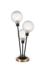 Jestero Table Lamp Touch Switch, 3 Light E14, With 15cm Round Dimpled Glass Shade Brass, Clear, Satin Black