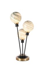 Jestero Table Lamp Touch Switch, 3 Light E14, With 15cm Round Dark Green Marble Effect Glass Shade Brass & Satin Black