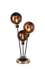 Jestero Table Lamp Touch Switch, 3 Light E14, With 15cm Round Brown & Amber Tortoise Shell Glass Shade, Brass & Satin Black