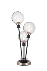 Jestero Table Lamp Touch Switch, 3 Light E14, With 15cm Round Crackled Glass Shade Satin Nickel, Clear, Satin Black