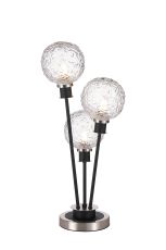 Jestero Table Lamp Touch Switch, 3 Light E14, With 15cm Round Textured Crumple Glass Shade Satin Nickel, Clear, Satin Black