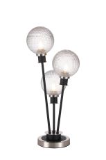 Jestero Table Lamp Touch Switch, 3 Light E14, With 15cm Round Textured Diamond Pattern Glass Shade Satin Nickel, Clear, Satin Black