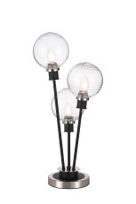 Jestero Table Lamp Touch Switch, 3 Light E14, With 15cm Round Ribbed Glass Shade Satin Nickel, Clear, Satin Black