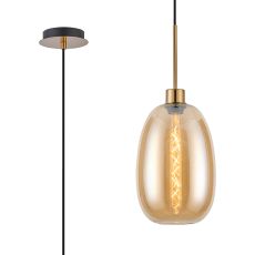 Lori 1.7m Single Pendant, 1 Light Adjustable E27, Antique Gold/Amber Slim Curved Trapezium Shades