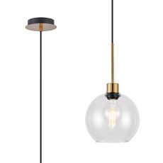 (KOOMS) Lori 1.7m Single Pendant, 1 Light Adjustable E27, Antique Gold/Clear Open Mouth Round Globe Shades