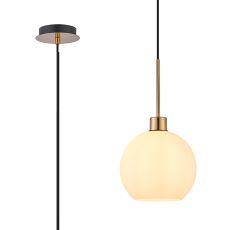 (KOOMS) Lori 1.7m Single Pendant, 1 Light Adjustable E27, Antique Gold/Opal Open Mouth Round Globe Shades