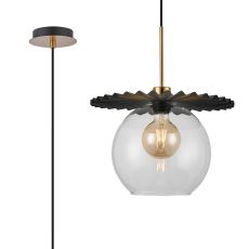Lori 1.7m Single Pendant, 1 Light Adjustable E27, Antique Gold/Black/Clear Pleated Disc With Open Mouth Round Globe Shades