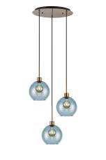 (KOOMS) Lori 40cm Round Pendant, 3 Light Adjustable E27, Antique Gold/Blue Open Mouth Round Globe Shades