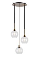 (KOOMS) Lori 40cm Round Pendant, 3 Light Adjustable E27, Antique Gold/Clear Open Mouth Round Globe Shades