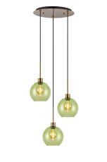 (KOOMS) Lori 40cm Round Pendant, 3 Light Adjustable E27, Antique Gold/Green Open Mouth Round Globe Shades