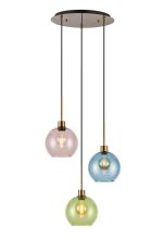 (KOOMS) Lori 40cm Round Pendant, 3 Light Adjustable E27, Antique Gold/Blue/Green/Pink Open Mouth Round Globe Shades