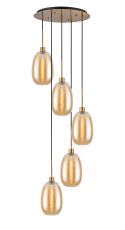 Lori 45cm Round Pendant, 5 Light Adjustable E27, Antique Gold/Amber Slim Curved Trapezium Shades