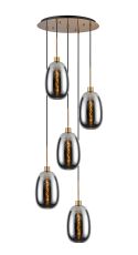 Lori 45cm Round Pendant, 5 Light Adjustable E27, Antique Gold/Chrome Slim Curved Trapezium Shades