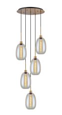 Lori 45cm Round Pendant, 5 Light Adjustable E27, Antique Gold/Iridescent Slim Curved Trapezium Shades