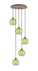 (KOOMS) Lori 45cm Round Pendant, 5 Light Adjustable E27, Antique Gold/Green Open Mouth Round Globe Shades