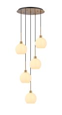 (KOOMS) Lori 45cm Round Pendant, 5 Light Adjustable E27, Antique Gold/Opal Open Mouth Round Globe Shades