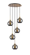Lori 45cm Round Pendant, 5 Light Adjustable E27, Antique Gold/Smoke Open Mouth Round Globe Shades