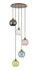 (KOOMS) Lori 45cm Round Pendant, 5 Light Adjustable E27, Antique Gold/Blue/Clear/Green/Pink/Smoke Open Mouth Round Globe Shades