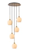 Lori 45cm Round Pendant, 5 Light Adjustable E27, Antique Gold/Opal Wine Shades