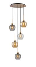 Lori 45cm Round Pendant, 5 Light Adjustable E27, Antique Gold/Amber/Clear/Smoke Wine Shades