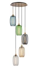 (KOOMS) Lori 45cm Round Pendant, 5 Light Adjustable E27, Antique Gold/Petrol Blue/Champagne/Clear/Green/Smoke Ribbed Tubular Shades