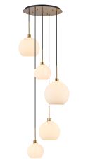 (KOOMS) Lori 45cm Round Pendant, 5 Light Adjustable E27, Antique Gold/Opal Open Mouth Round Globe Shades