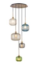 Lori 51cm Round Pendant, 5 Light Adjustable E27, Antique Gold/Green/Petrol Blue/Champagne/Clear/Smoked Pumpkin Ribbed Shades