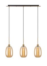 Lori Linear Pendant, 3 Light Adjustable E27, Antique Gold/Amber Slim Curved Trapezium Shades