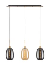 Lori Linear Pendant, 3 Light Adjustable E27, Antique Gold/Amber/Smoke Slim Curved Trapezium Shades
