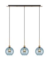 (KOOMS) Lori Linear Pendant, 3 Light Adjustable E27, Antique Gold/Blue Open Mouth Round Globe Shades
