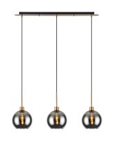 Lori Linear Pendant, 3 Light Adjustable E27, Antique Gold/Smoke Open Mouth Round Globe Shades