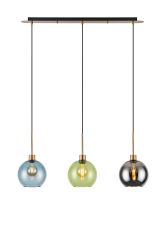 (KOOMS) Lori Linear Pendant, 3 Light Adjustable E27, Antique Gold/Blue/Green/Smoke Open Mouth Round Globe Shades