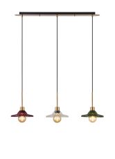 Lori Linear Pendant, 3 Light Adjustable E27, Antique Gold/Moss Green/Clear/Purple Pleated Disc Shades