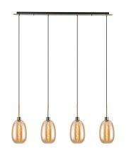 Lori Linear Pendant, 4 Light Adjustable E27, Antique Gold/Amber Slim Curved Trapezium Shades