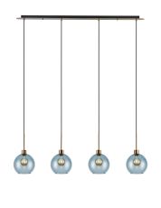 (KOOMS) Lori Linear Pendant, 4 Light Adjustable E27, Antique Gold/Blue Open Mouth Round Globe Shades