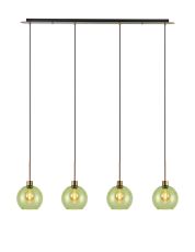 (KOOMS) Lori Linear Pendant, 4 Light Adjustable E27, Antique Gold/Green Open Mouth Round Globe Shades