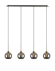 Lori Linear Pendant, 4 Light Adjustable E27, Antique Gold/Smoke Open Mouth Round Globe Shades