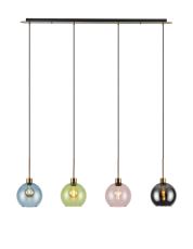 (KOOMS) Lori Linear Pendant, 4 Light Adjustable E27, Antique Gold/Blue/Green/Pink/Smoke Open Mouth Round Globe Shades