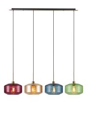 (KOOMS) Lori Linear Pendant, 4 Light Adjustable E27, Antique Gold/Amber/Blue/Green/Purple Chamfered Round Rippled Shades