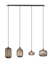 Lori Linear Pendant, 4 Light Adjustable E27, Antique Gold/Smoke Various Ribbed Shades