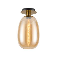 Lori 15cm Round Ceiling Flush, 1 Light Flush Fitting E27, Antique Gold/Amber Slim Curved Trapezium Shades