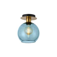 (KOOMS) Lori 15cm Round Ceiling Flush, 1 Light Flush Fitting E27, Antique Gold/Blue Open Mouth Round Globe Shades