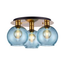 (KOOMS) Lori 40cm Round Ceiling Flush, 3 Light Flush Fitting, Antique Gold/Blue Open Mouth Round Globe Shades