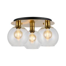 (KOOMS) Lori 40cm Round Ceiling Flush, 3 Light Flush Fitting, Antique Gold/Clear Open Mouth Round Globe Shades