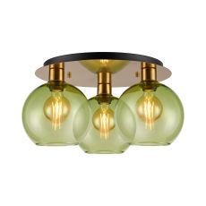 (KOOMS) Lori 40cm Round Ceiling Flush, 3 Light Flush Fitting, Antique Gold/Green Open Mouth Round Globe Shades