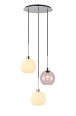 Lori 40cm Round Pendant, 3 Light Adjustable E27, Polished Chrome/Opal/Pink Open Mouth Round Globe Shades