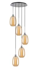 Lori 45cm Round Pendant, 5 Light Adjustable E27, Polished Chrome/Amber Slim Curved Trapezium Shades